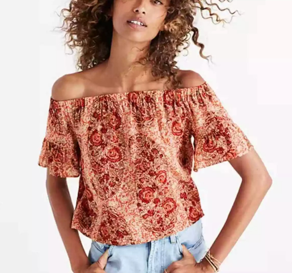 Madewell Silk Off Shoulder Cropped Paisley Red Floral Print Top Medium